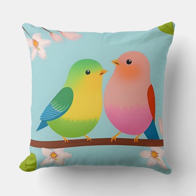 🐦 Cartoon Branch Birds Throw Pillow Cosy Decor 🌿 (Front)