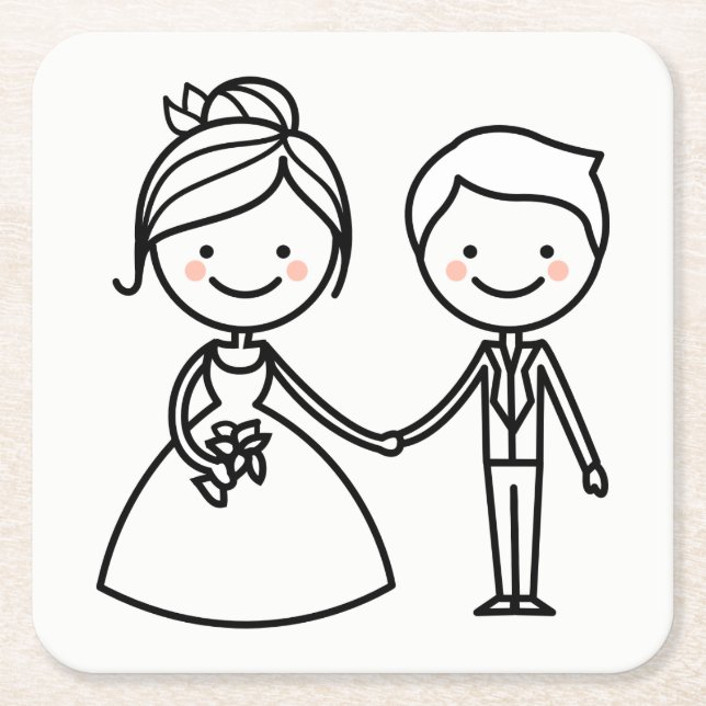 Cartoon Bride & Groom Black And White Wedding Square Paper Coaster (Front)