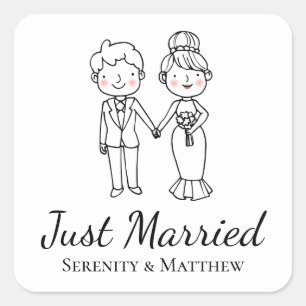Cartoon Bride Groom Black White Just Married Square Sticker