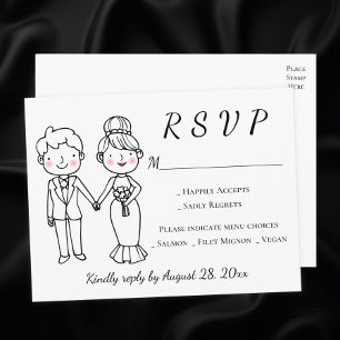 Cartoon Bride Groom Black White Wedding RSVP Invitation Postcard