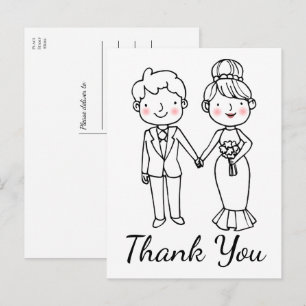 Cartoon Bride Groom Black White Wedding Thank You Postcard