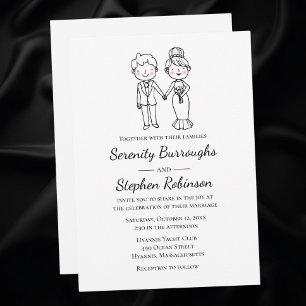 Cartoon Bride Groom Black White Whimsical Wedding  Invitation