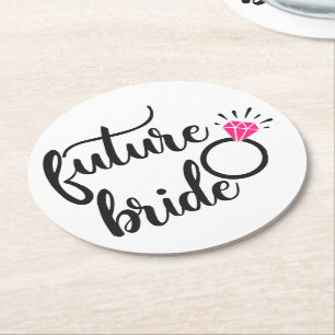 Cartoon Bride & Groom Dancing Wedding Black White Round Paper Coaster