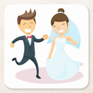 Cartoon Bride & Groom Dancing Wedding Black White Square Paper Coaster