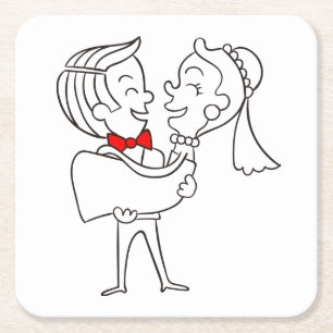 Cartoon Bride & Groom Dancing Wedding Just Married Square Paper Coaster