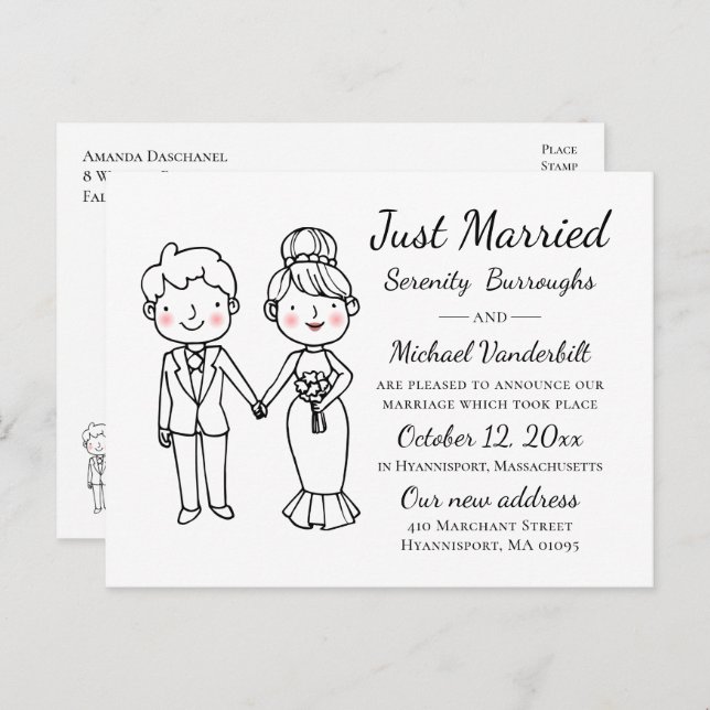 Cartoon Bride Groom Just Married Wedding  Announcement Postcard (Front/Back)