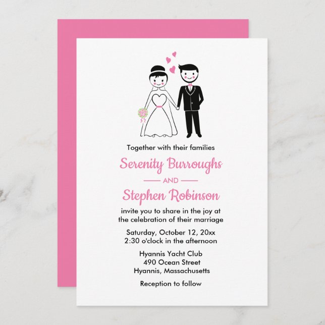 Cartoon Bride Groom Pink Black Vintage Wedding Invitation (Front/Back)