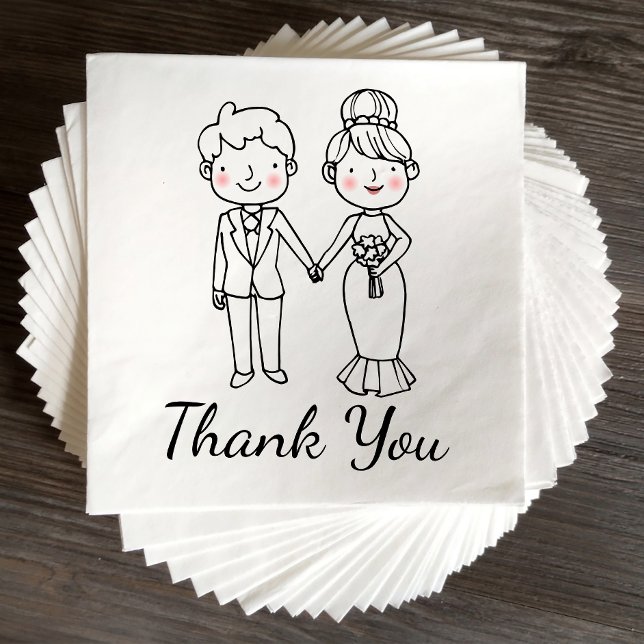Cartoon Bride Groom Thank You Whimsical Wedding Napkin (Creator Uploaded)