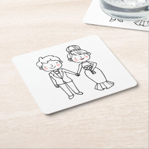 Cartoon Bride Groom Thank You Whimsical Wedding Square Paper Coaster