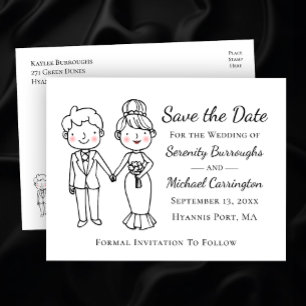 Cartoon Bride Groom Wedding Save The Date Wedding Postcard