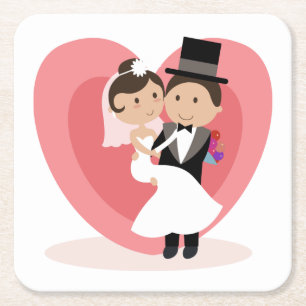 Cartoon Bride & Groom Wedding Square Paper Coaster