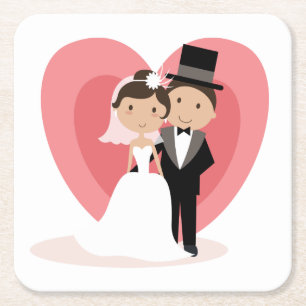 Cartoon Bride & Groom Wedding Square Paper Coaster