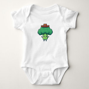 Cartoon broccoli with a brown cowboy hat baby bodysuit