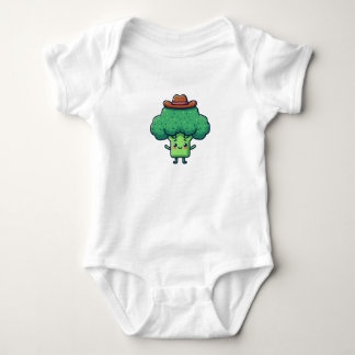Cartoon broccoli with a brown cowboy hat baby bodysuit