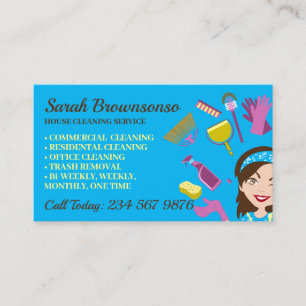 Cartoon Broom Maid House Cleaning Service Business Card
