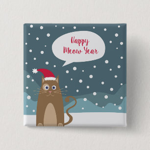 Cartoon brown kitty wears santa hat in snow forest 15 cm square badge