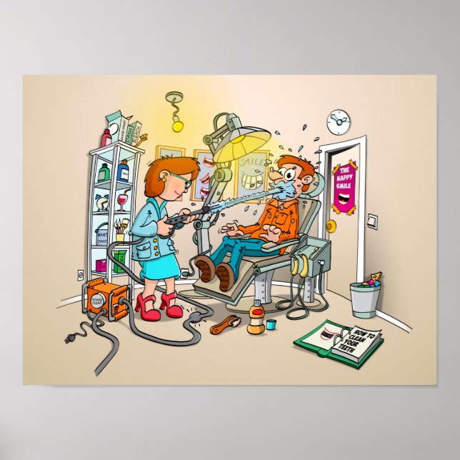 Cartoon; brushing teeth at the mouth hygienist. poster (Front)
