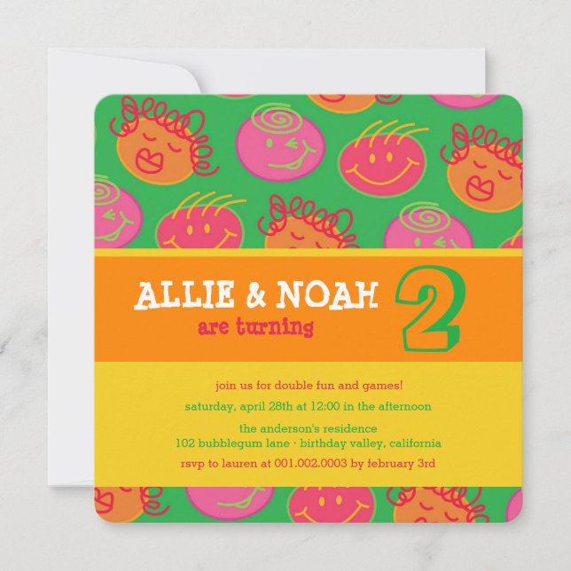 Cartoon Bubblegum Face Twins Birthday Photo Invite (Front)