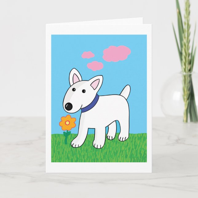 Cartoon Bull Terrier Dog w Flower Greeting Card (Front)