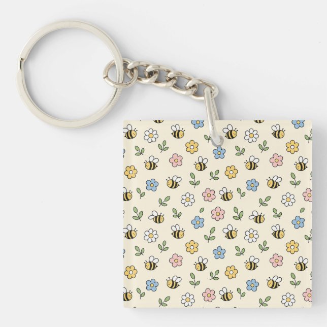 Cartoon Bumble Bee and Flowers Pattern Key Ring (Front)