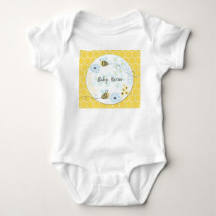 Cartoon bumblebees on a background of blue, yellow baby bodysuit