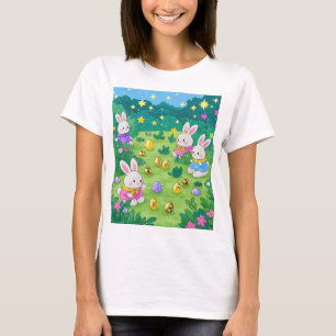 Cartoon bunnies hiding eggs in a garden T-Shirt