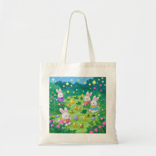 Cartoon bunnies hiding eggs in a garden tote bag