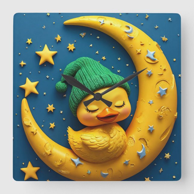 Cartoon bunny and moon square wall clock (Front)