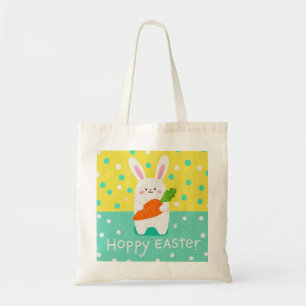 Cartoon bunny holding a carrot, polka dots  tote bag