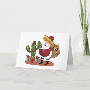 Cartoon cactus and Santa Claus wearing a sombrero Card