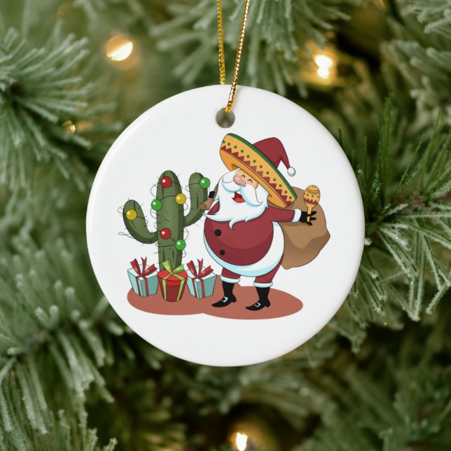 Cartoon cactus and Santa Claus wearing a sombrero Ceramic Tree Decoration (Tree)