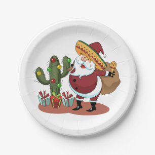 Cartoon cactus and Santa Claus wearing a sombrero Paper Plate