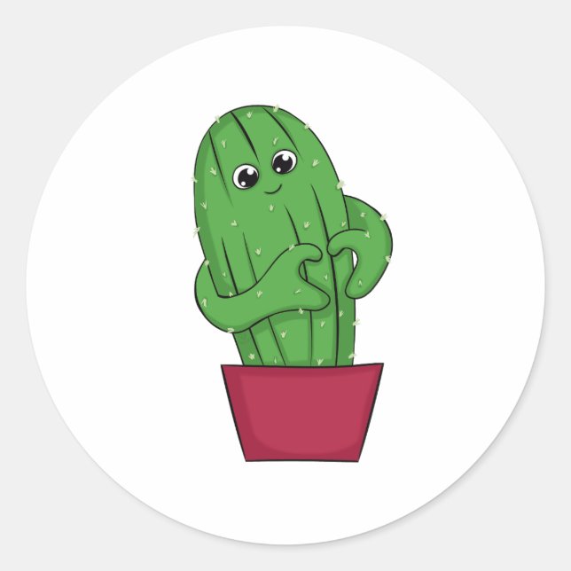 Cartoon Cactus making Heart Sign with Hands Classic Round Sticker (Front)