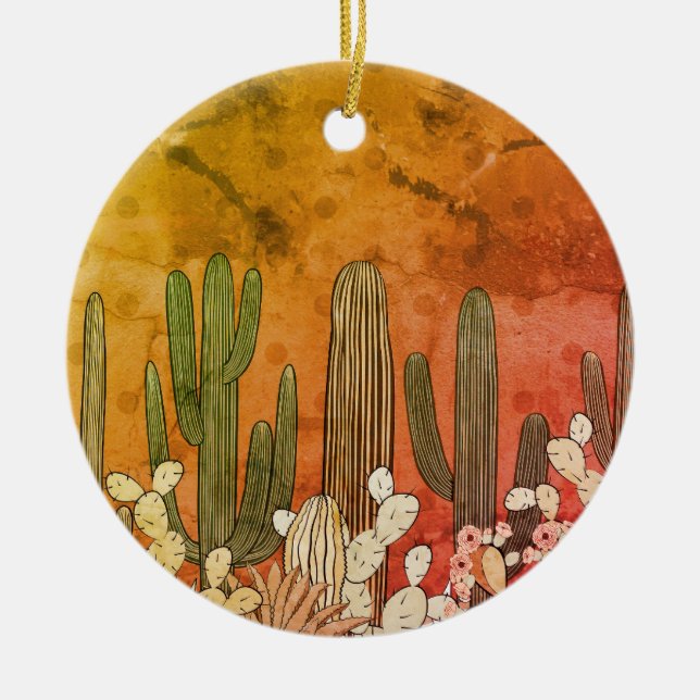 Cartoon Cactus on Orange Ceramic Tree Decoration (Front)