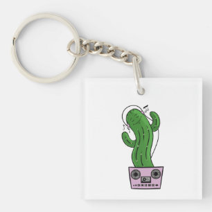 Cartoon Cactus with Headphones and Boombox as Pot Key Ring