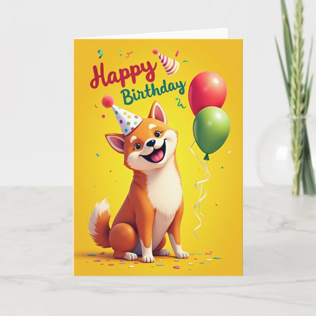 Cartoon Canine Party Hat Card (Front)