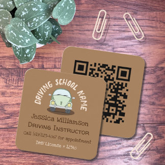 Cartoon Car Driving Instructor Brown Business Card