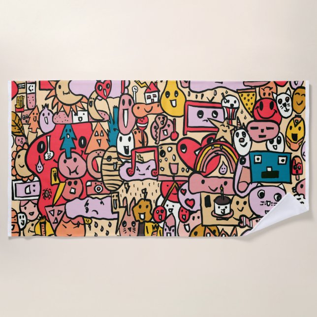 Cartoon Caracter Hand Drawn Toss Pattern Kids Beach Towel (Front)