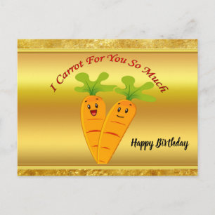 Cartoon carrots with big eyes and a smile to go postcard