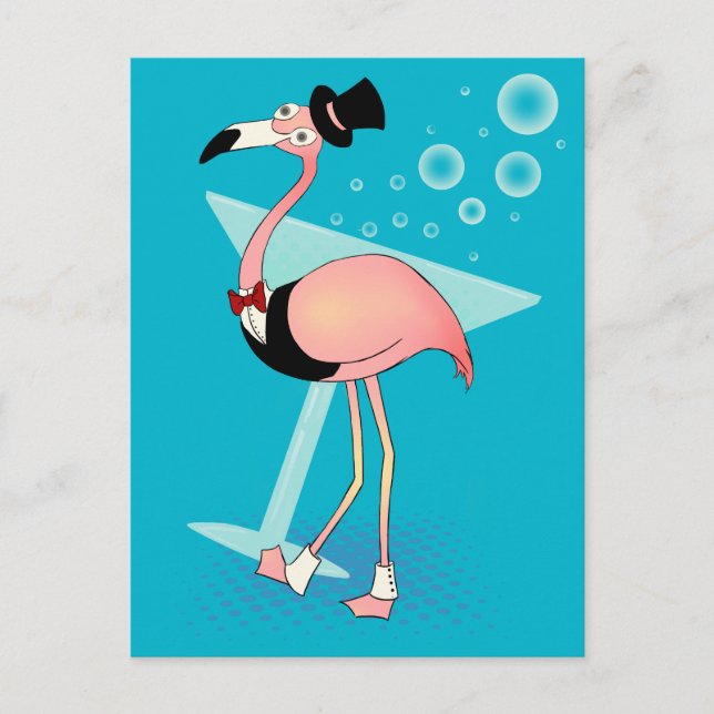 Cartoon Casino Flamingo with Martini Postcard (Front)