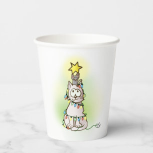 Cartoon Cat and Mouse Making a Christmas Tree Paper Cups