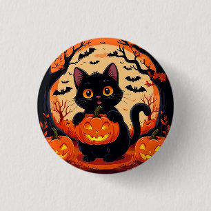 Cartoon Cat and Pumpkins Under Full Moon 3 Cm Round Badge
