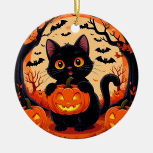 Cartoon Cat and Pumpkins Under Full Moon Ceramic Tree Decoration