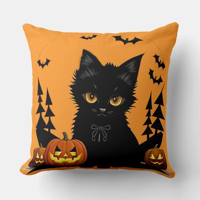 Cartoon Cat and Pumpkins Under Full Moon Cushion (Front)