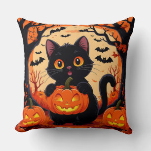 Cartoon Cat and Pumpkins Under Full Moon Cushion