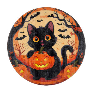 Cartoon Cat and Pumpkins Under Full Moon Cutting Board