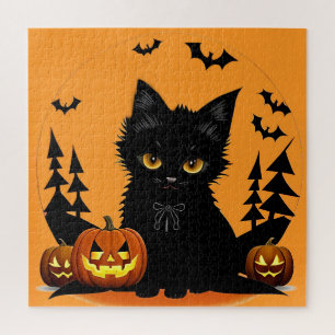 Cartoon Cat and Pumpkins Under Full Moon Jigsaw Puzzle