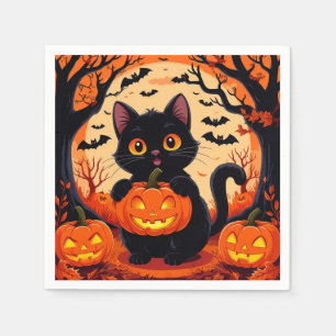 Cartoon Cat and Pumpkins Under Full Moon Napkin