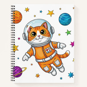 Cartoon Cat Astronaut Floating in Space Notebook