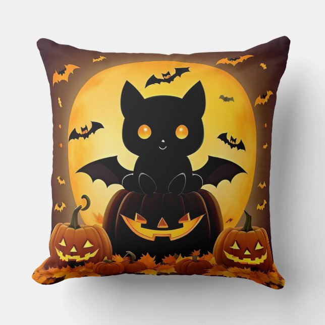 Cartoon Cat Bat and Pumpkins Under Full Moon Cushion (Front)